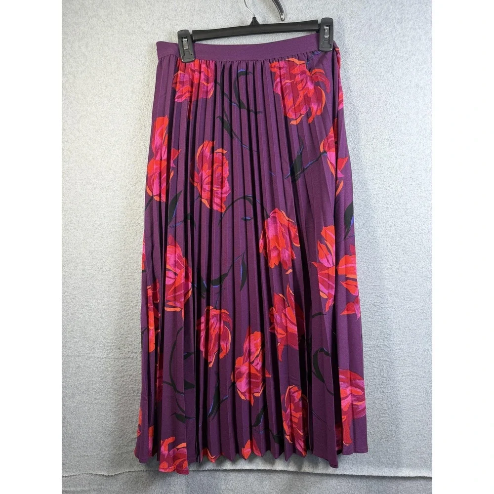 A New Day Skirt Womens Small Purple Floral Pleated Midi Elastic Waist Chiffon
